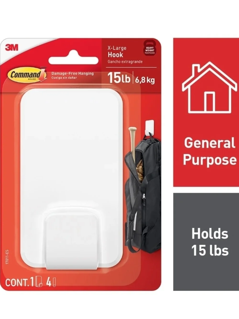 3X Command 15 lb XL Heavyweight Hook, White, 1 Wall Hook, Damage-Free Hanging